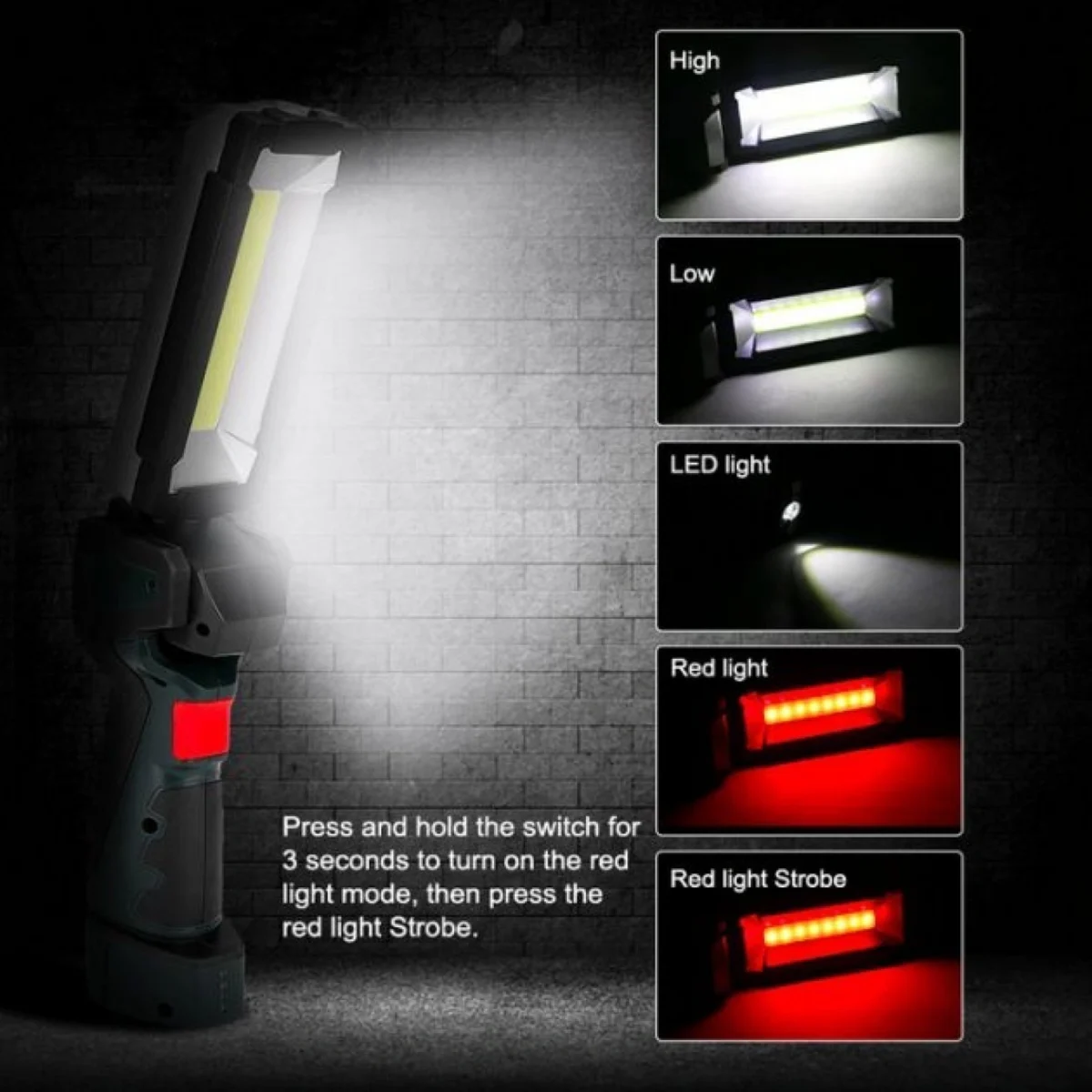 Διπλός LED Περιστρεφόμενος Φακός - Φωτιστικό 500Lm Εργασίας 360ᵒ με Μαγνήτη & Γάντζο - Heavy Duty Work Light (Κόκκινο)