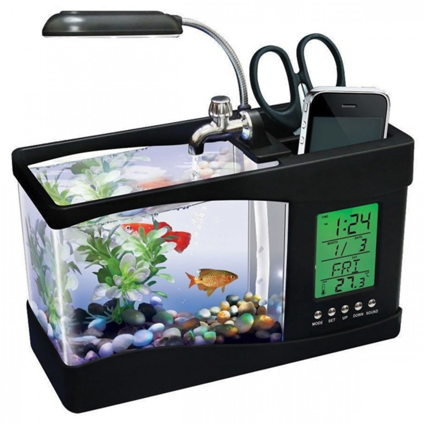 Mini Ενυδρείο Μολυβοθήκη με Φωτισμό LED, Ηχείο, Οθόνη LCD και Ρολόι - Ημερολόγιο με Ξυπνητήρι Mini Ενυδρείο Μολυβοθήκη με Φωτισμό LED, Ηχείο, Οθόνη LCD και Ρολόι - Ημερολόγιο με Ξυπνητήρι
