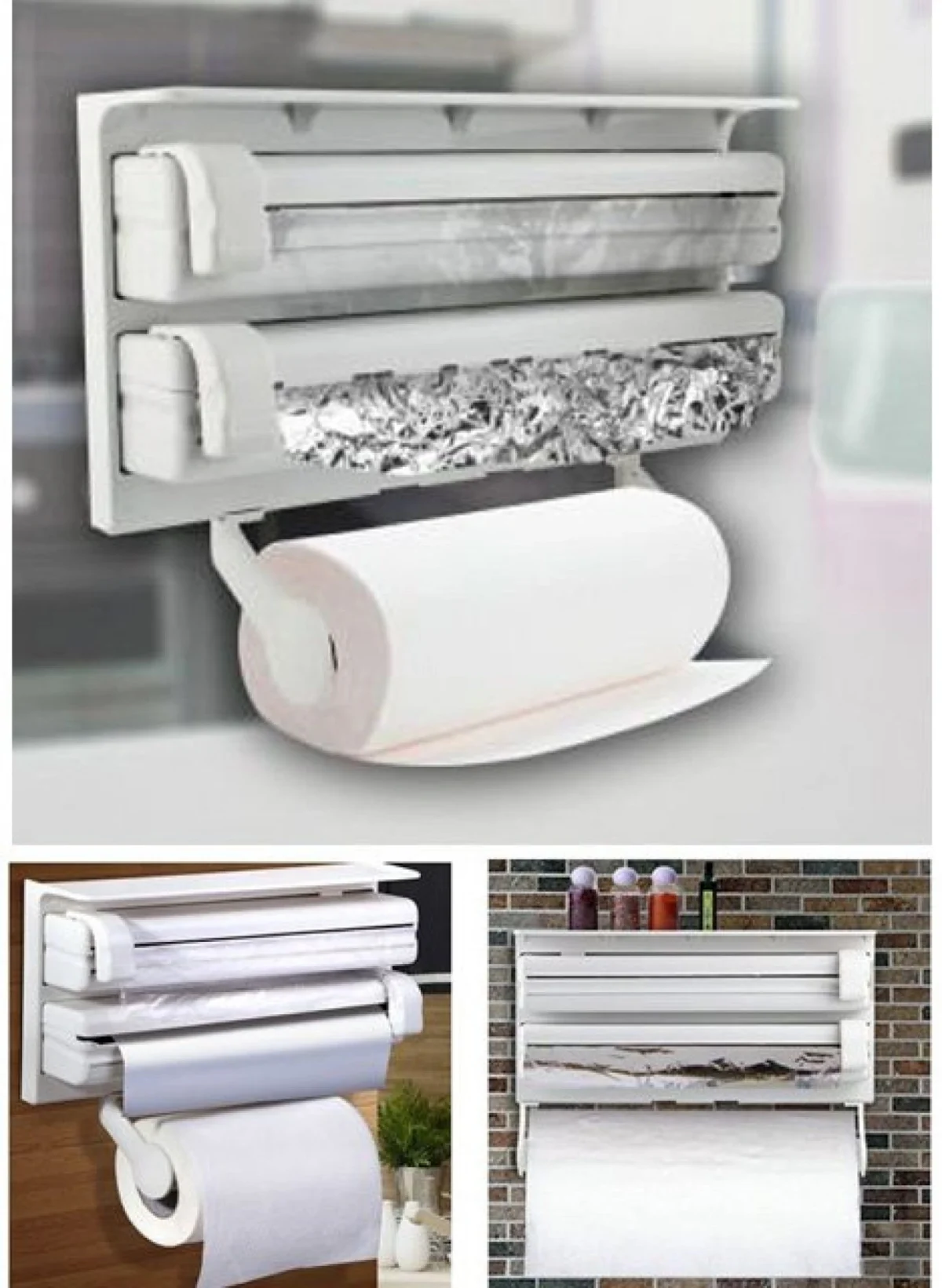 Τριπλή Θήκη με Ραφάκι για Ρολά Κουζίνας για Χαρτί, Αλουμινόχαρτο και Μεμβράνη