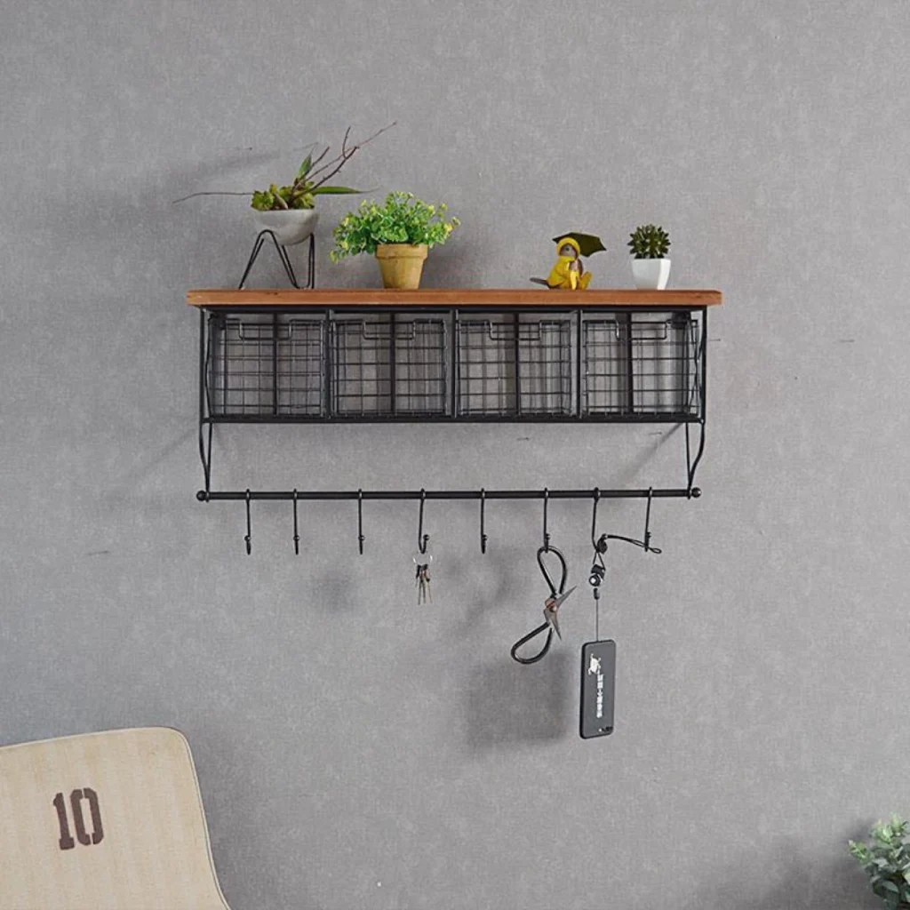 Επιτοίχια Κρεμάστρα Vintage με Ξύλινο Ράφι και Μεταλλικά Συρτάρια 64cm