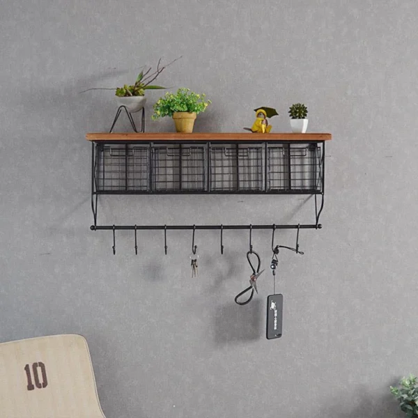 Επιτοίχια Κρεμάστρα Vintage με Ξύλινο Ράφι και Μεταλλικά Συρτάρια 64cm