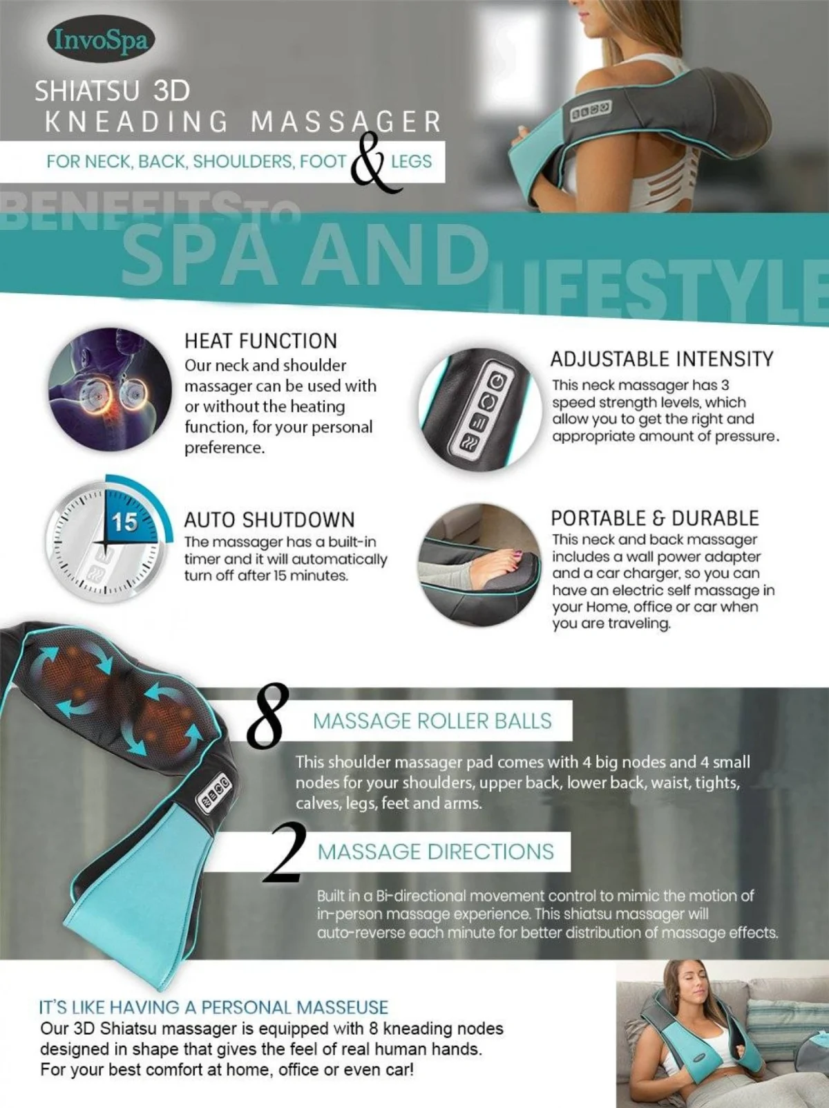 Συσκευή Μασάζ Shiatsu Songen 12V Για Αντιμετώπιση Του Πόνου Στο Λαιμό, Αυχένα, Πλάτη Με Θερμότητα - Υπέρυθρη Ακτινοβολία