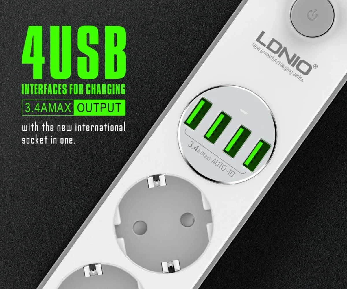 Πολύπριζο Ασφαλείας 3 Θέσεων με 6 Θύρες USB 3.4A LDNIO®