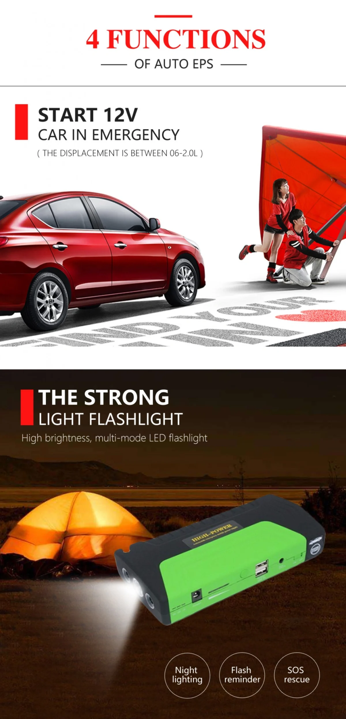 Εκκινητής Μπαταρίας Αυτοκινήτου & Power Bank 5V USB ,12,16,19V με Φακό LED, Κόφτη Ζώνης, Ακίδα Θραύσης Τζαμιού - Jump Starter