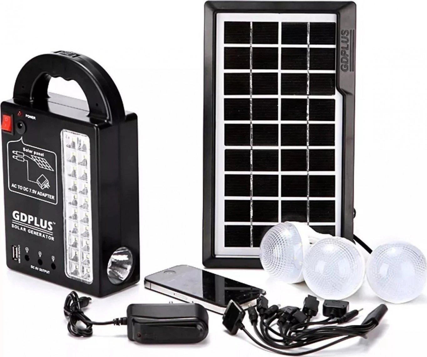 Ηλιακό Πακέτο Φωτισμού με Panel, Μπαταρία με Φωτιστικό & Θύρα USB + 3 Λάμπες Led GDPLUS GD999 Ηλιακό Πακέτο Φωτισμού με Panel, Μπαταρία με Φωτιστικό & Θύρα USB + 3 Λάμπες Led GDPLUS GD999