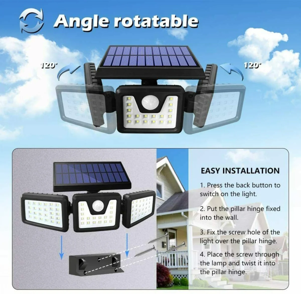 Αδιάβροχο Τριπλό Ηλιακό Φωτιστικό LED με Ανιχνευτή Κίνησης, Αισθητήρα Νυκτός / Φωτοκύτταρο & 3 Λειτουργίες Φωτισμού - Επιτοίχιος Προβολέας Εξωτερικού Χώρου