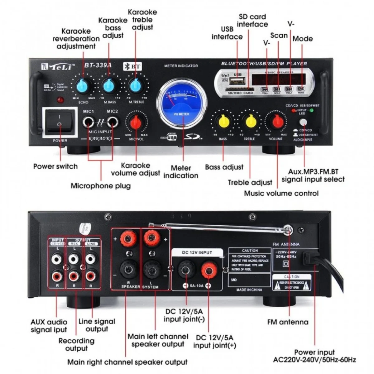 Ενισχυτής Ψηφιακό Ηχοσύστημα Καραόκε 12V-220V MP3 Player με σύνδεση Bluetooth και USB με Τηλεχειριστήριο, BT-339A – Aria Trade