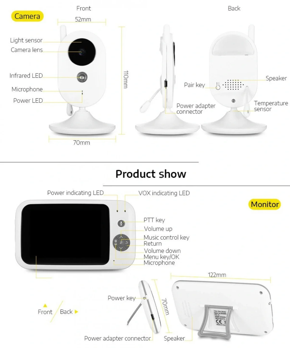 Ασύρματη Ενδοεπικοινωνία Μωρού με Κάμερα, Έγχρωμη Οθόνη LCD 3.5", Νυχτερινή Όραση, Ανίχνευση Θερμοκρασίας, Μικρόφωνο και Νανουρίσματα ZR303 OEM