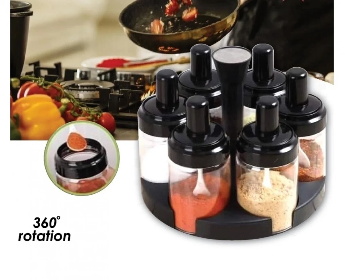 Σετ 6 Δοχεία Μπαχαρικών με Ενσωματωμένο Κουταλάκι και Περιστρεφόμενη Βάση JM-620