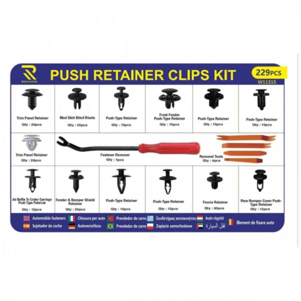 Κουμπώματα - Κλίπς Ταπετσαρίας 224τμχ (13 σχέδια) και 5 Εργαλεία Αφαίρεσης Ταπετσαρίας