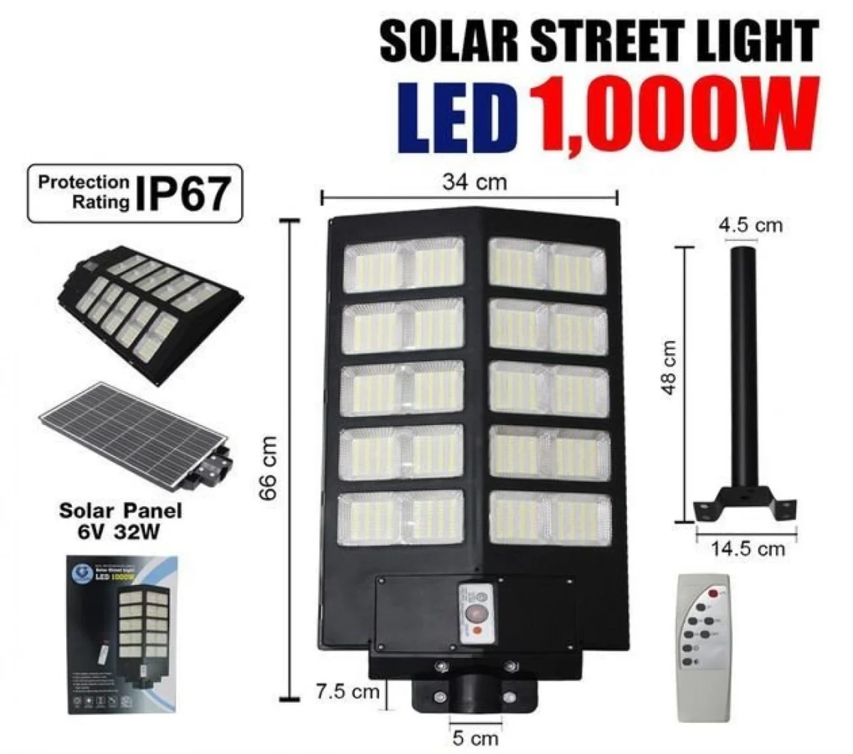 Ηλιακό Φωτιστικό Δρόμου LED 1000W Αδιάβροχο με Ενσωματωμένο Πάνελ & Αισθητήρα Κίνησης