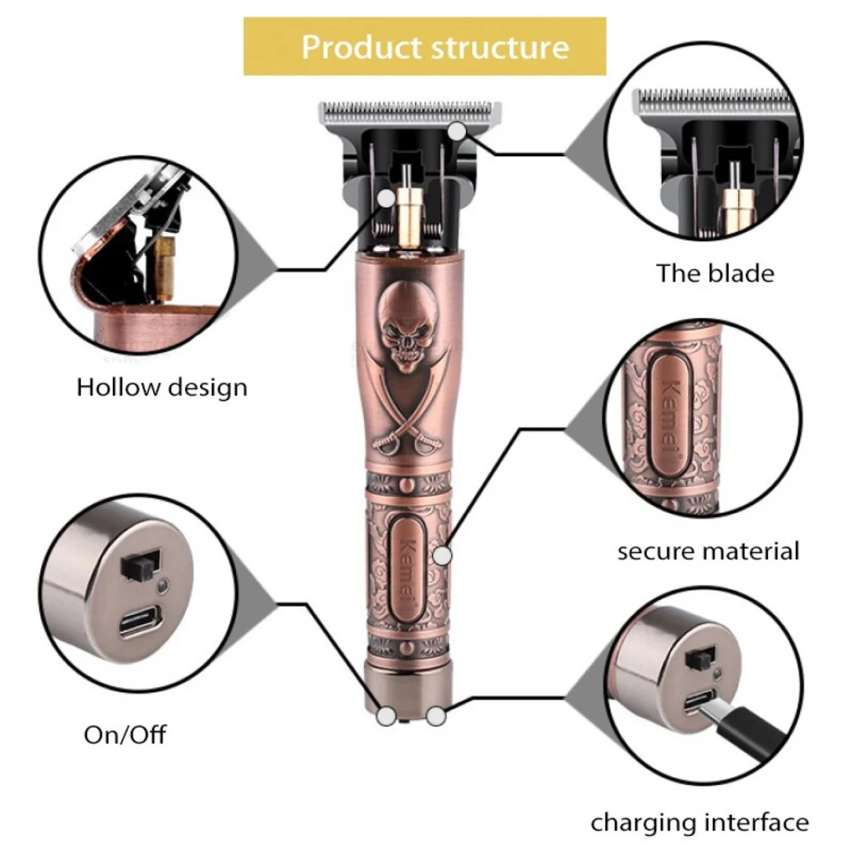 Επαναφορτιζόμενη Κουρευτική - Ξυριστική Μηχανή -Trimmer KEMEI KM-9370 Skull