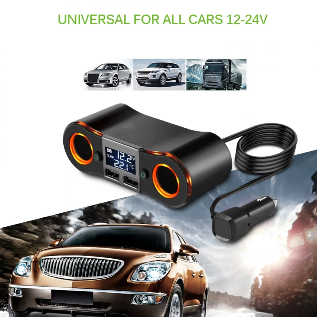 Splitter Αναπτήρα με Dual 2x Φορτιστή USB, Βολτόμετρο & Θερμόμετρο Αυτοκινήτου