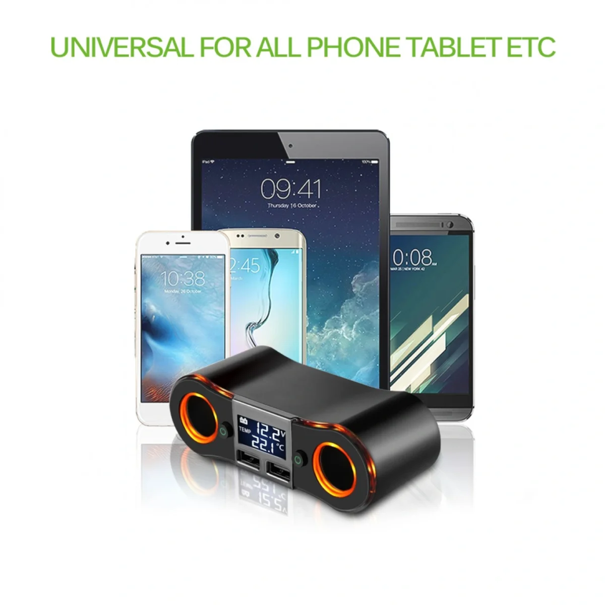 Splitter Αναπτήρα με Dual 2x Φορτιστή USB, Βολτόμετρο & Θερμόμετρο Αυτοκινήτου