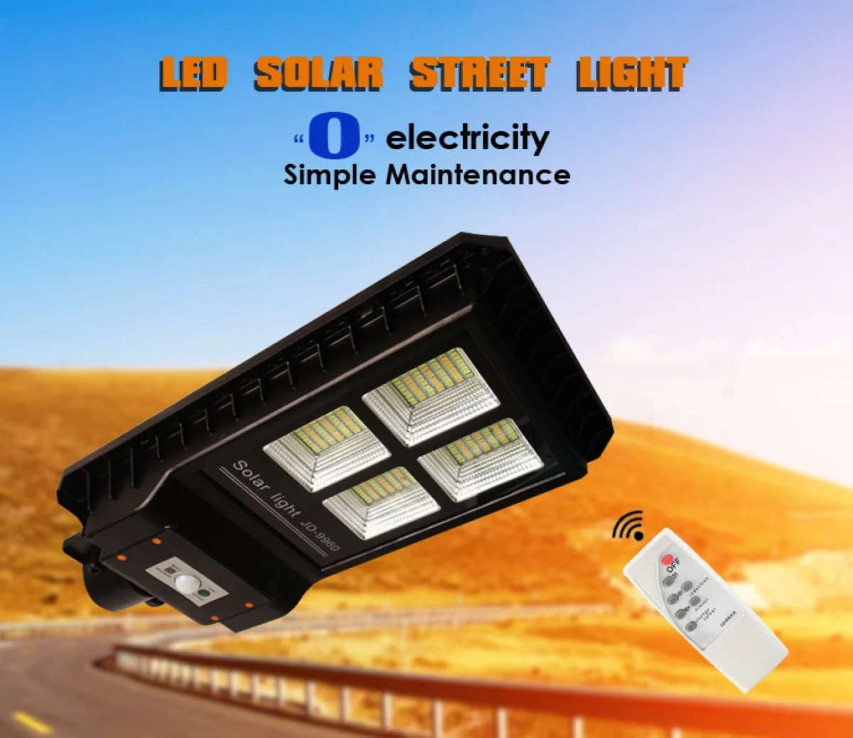Αδιάβροχο Ηλιακό Μεγάλο Φωτιστικό 60w Δρόμου 280 LED με Φωτοβολταϊκό Πάνελ Ανιχνευτή κίνησης, Αισθητήρα Φωτός και Τηλεκοντρόλ