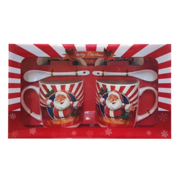 Σετ με 2 Χριστουγεννιάτικες Κεραμικές Κούπες 320ml με Πιατάκι και Κουταλάκι 93619