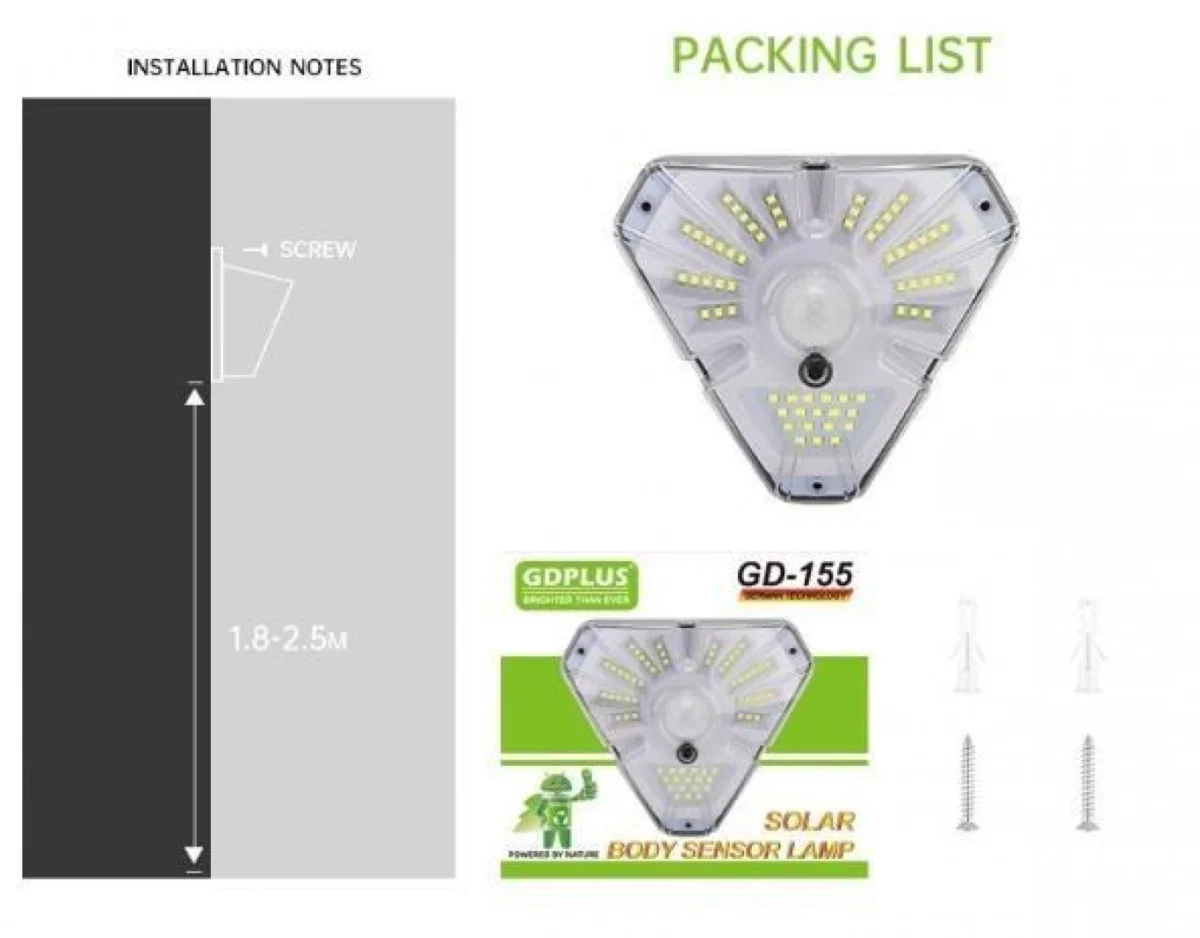 Επιτοίχιο Ηλιακό Προβολάκι με 62 LED - GD-155