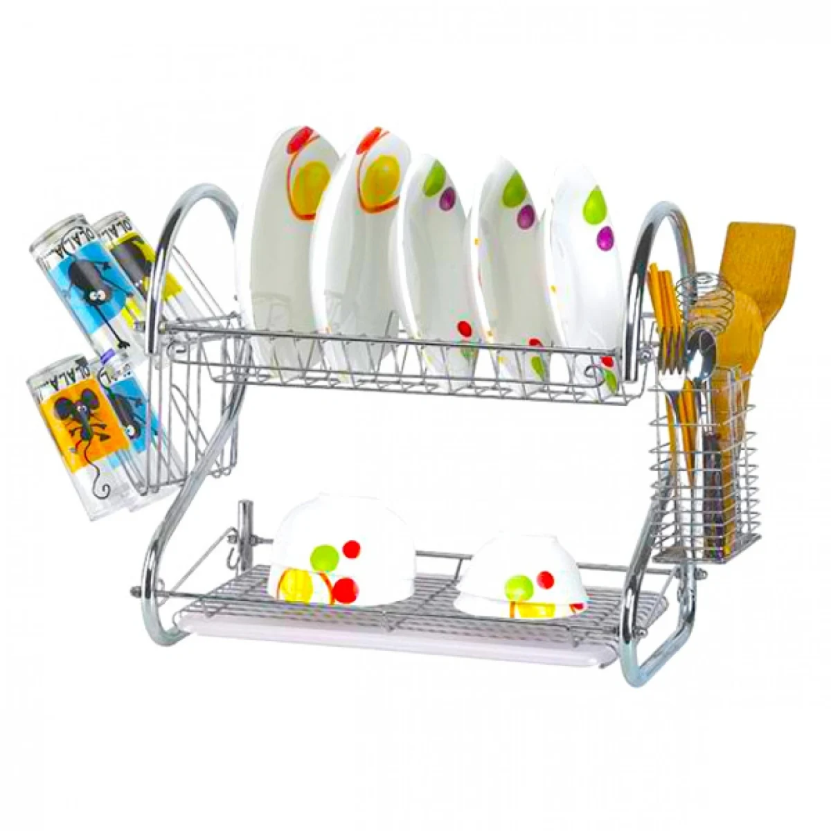 Μεταλλική Διώροφη Πιατοθήκη 52x24.5x37εκ με Θήκες για Κουτάλια,Πιρούνια,Μπολ