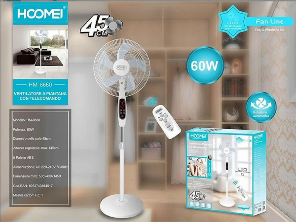 Ανεμιστήρας Ορθοστάτης 60W Διαμέτρου 45cm Με Τηλεχειρηστήριο Hoomei HM-8680
