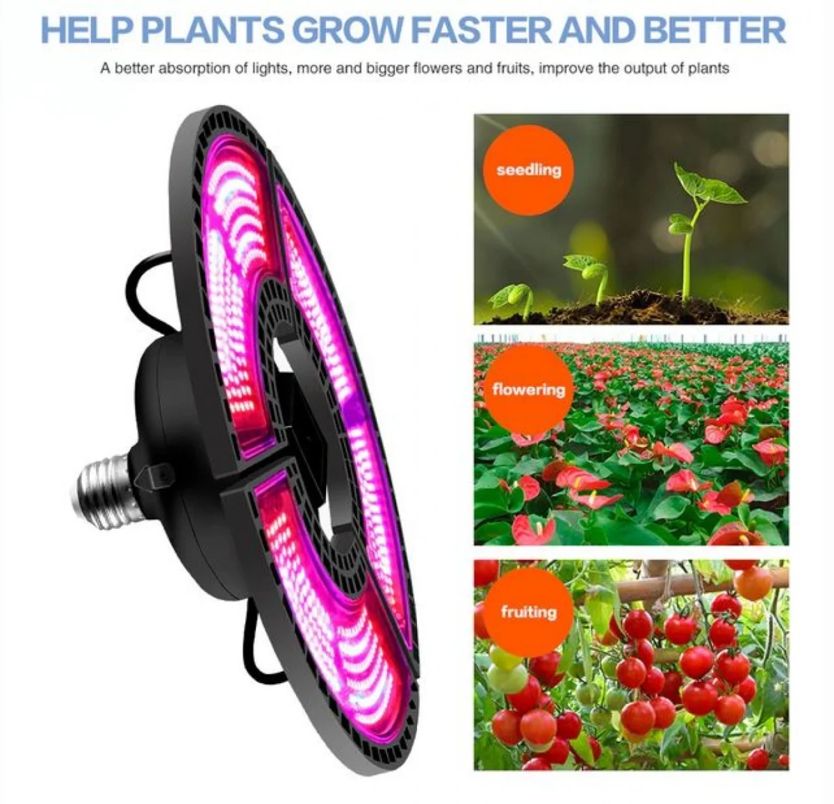 EΕ27 Τριπλό Φωτιστικό 400W 180º LED Ανάπτυξης & Καλλιέργειας Φυτών Full Spectrum Αναδιπλούμενο Πάνελ - Λάμπα Θερμοκηπίου Εσωτερικού Χώρου - Plant Grow Light