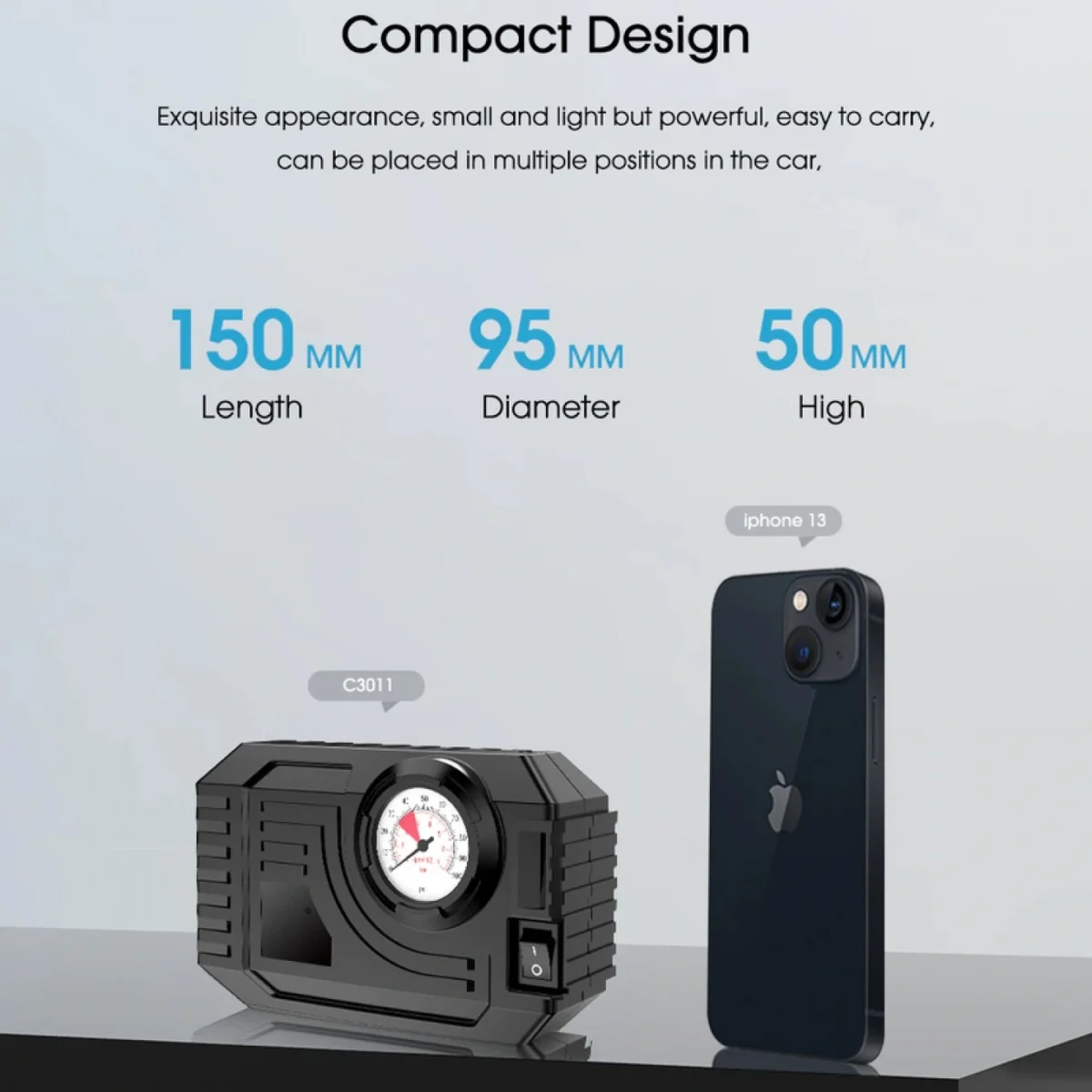 Mini Τρόμπα Έκτακτης Ανάγκης Αυτοκινήτου 90 PSI CarSun® με Φακό, Οθόνη LED για Προβολή Πίεσης, 12V Κομπρεσέρ Αέρος