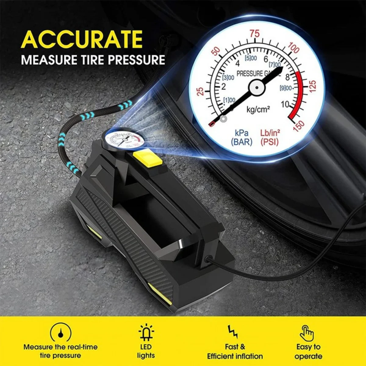 Mini Τρόμπα Έκτακτης Ανάγκης Αυτοκινήτου 150 PSI CarSun® με Φακό, Οθόνη Αφής για Ρύθμιση & Προβολή Πίεσης, Χειρολαβή, 12V Κομπρεσέρ Αέρος, C3012-1