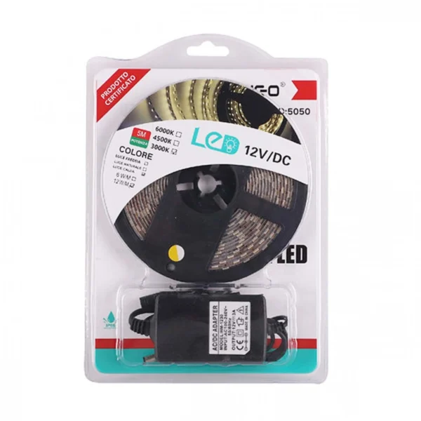 Εύκαμπτη Αδιάβροχη Ταινία LED 5 Μέτρων με Τροφοδοτικό Λευκό θερμό 5050 60SMD 14,4W/m