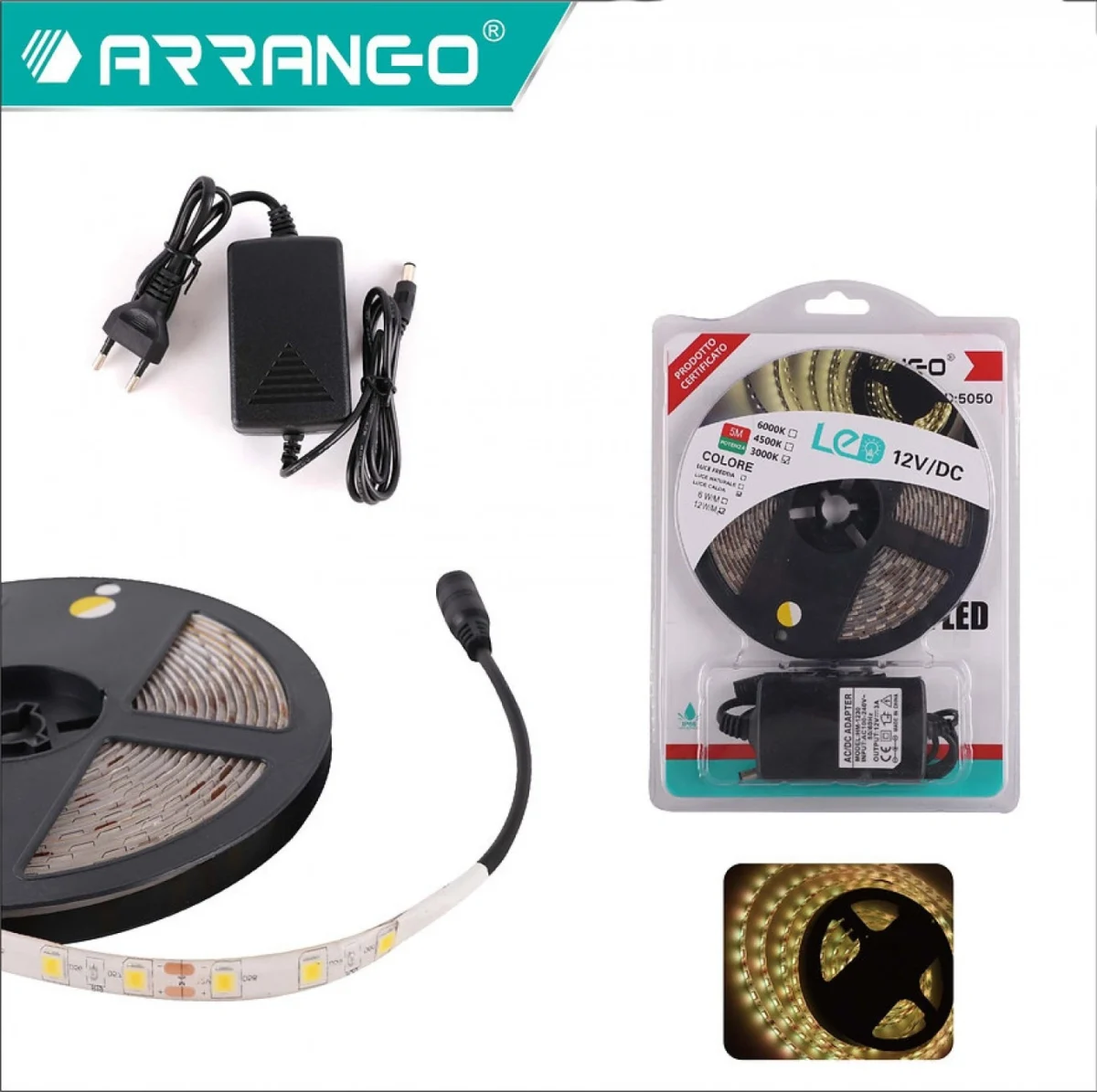 Εύκαμπτη Αδιάβροχη Ταινία LED 5 Μέτρων με Τροφοδοτικό Λευκό θερμό 5050 60SMD 14,4W/m