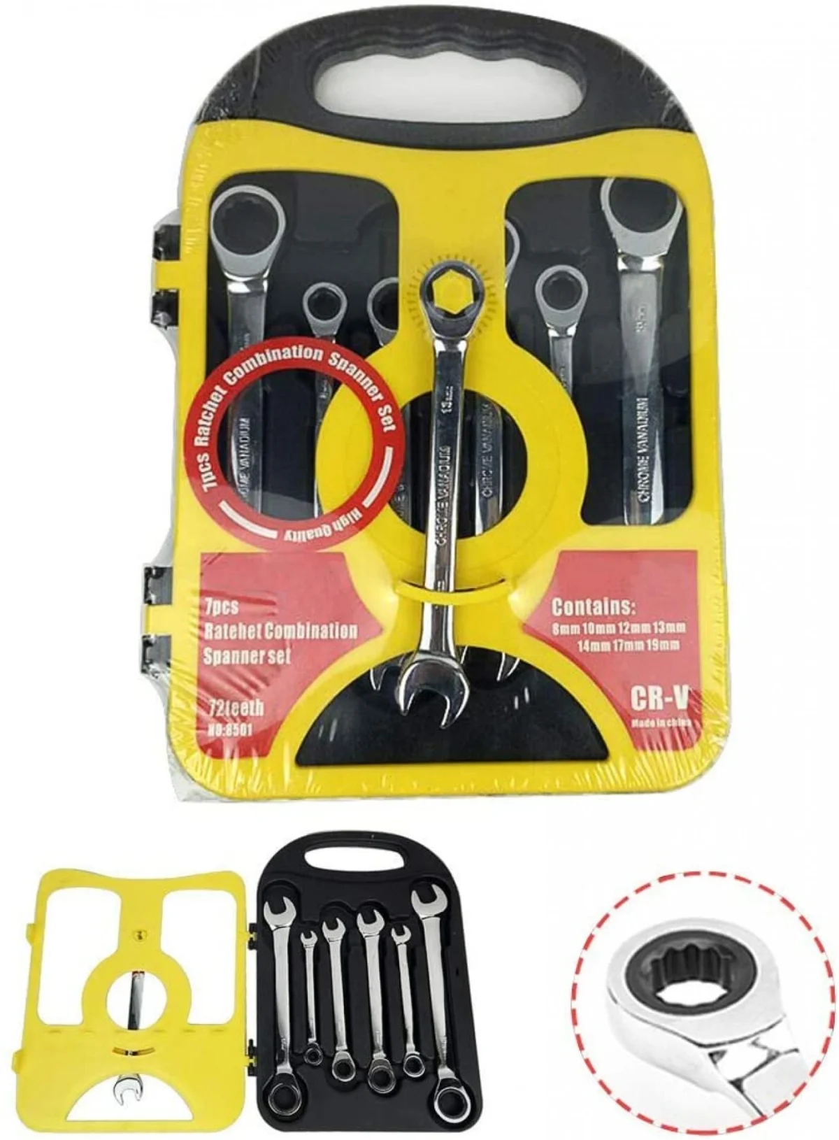 Σετ με 7 Επαγγελματικά Κλειδιά Γερμανοπολύγωνα Χρωμίου Βαναδίου με Καστάνια & Σπαστή Κεφαλή 10-19mm - 7pcs Combination Ratchet Wrench Set