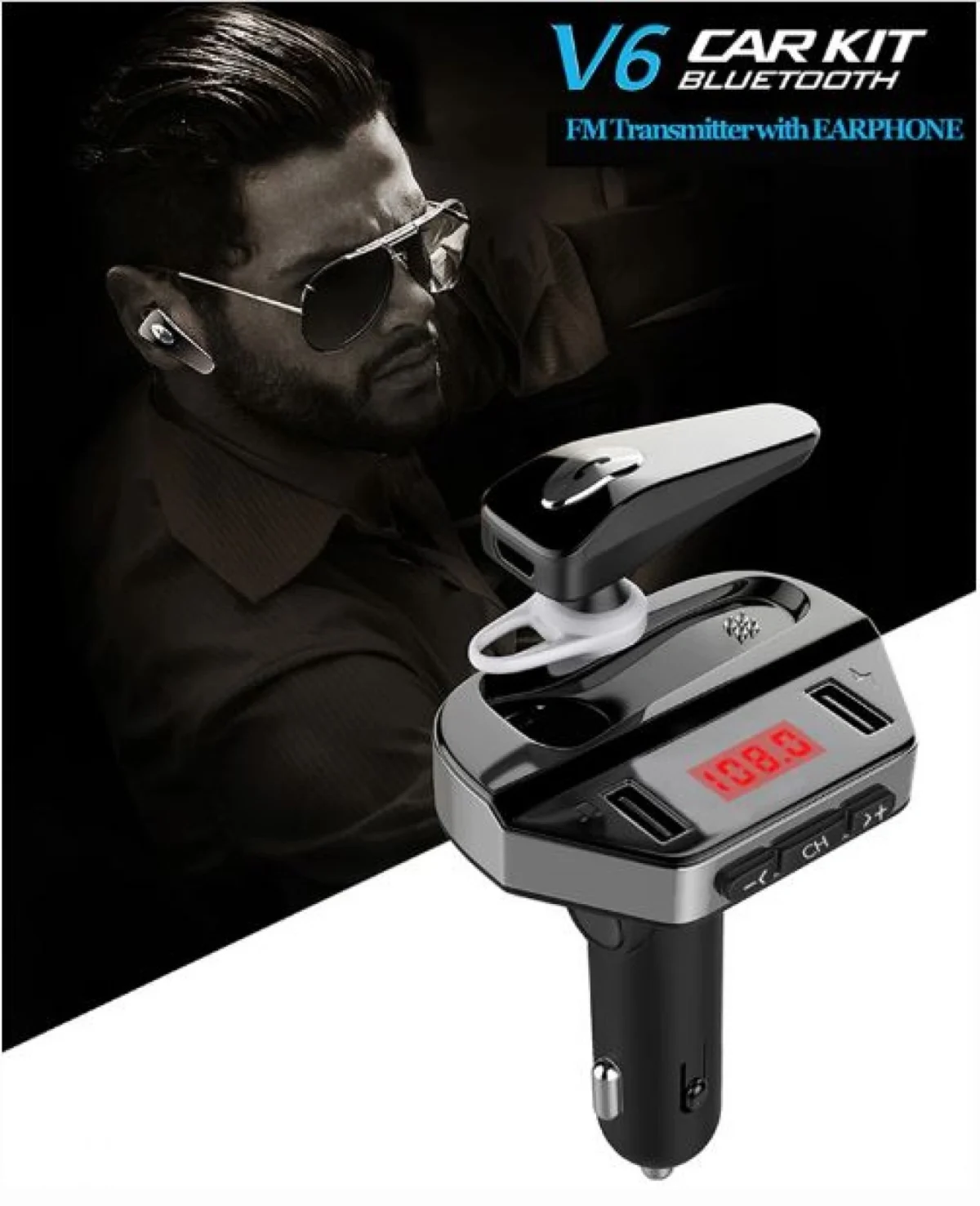 Σύστημα Ηandsfree με Ακουστικό, Fm Transmitter & Διπλό Φορτιστή USB Αυτοκινήτου Bluetooth με MP3 Player - Hands Free Car Kit FM.