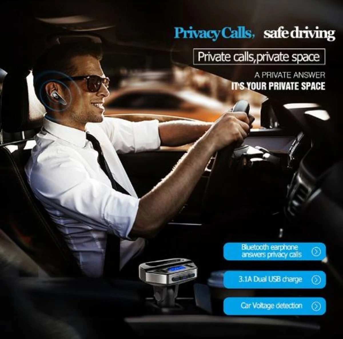 Σύστημα Ηandsfree με Ακουστικό, Fm Transmitter & Διπλό Φορτιστή USB Αυτοκινήτου Bluetooth με MP3 Player - Hands Free Car Kit FM.