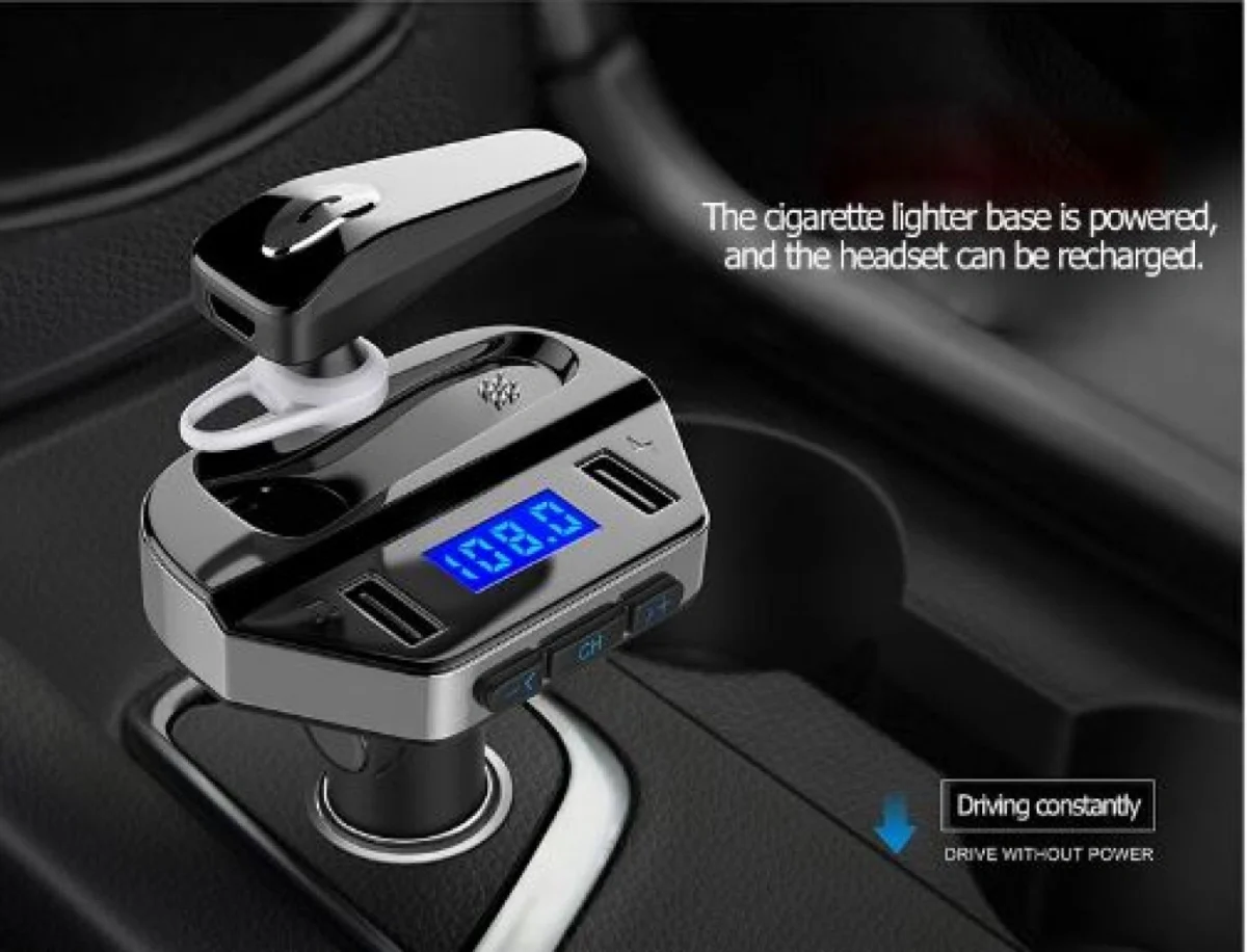 Σύστημα Ηandsfree με Ακουστικό, Fm Transmitter & Διπλό Φορτιστή USB Αυτοκινήτου Bluetooth με MP3 Player - Hands Free Car Kit FM.
