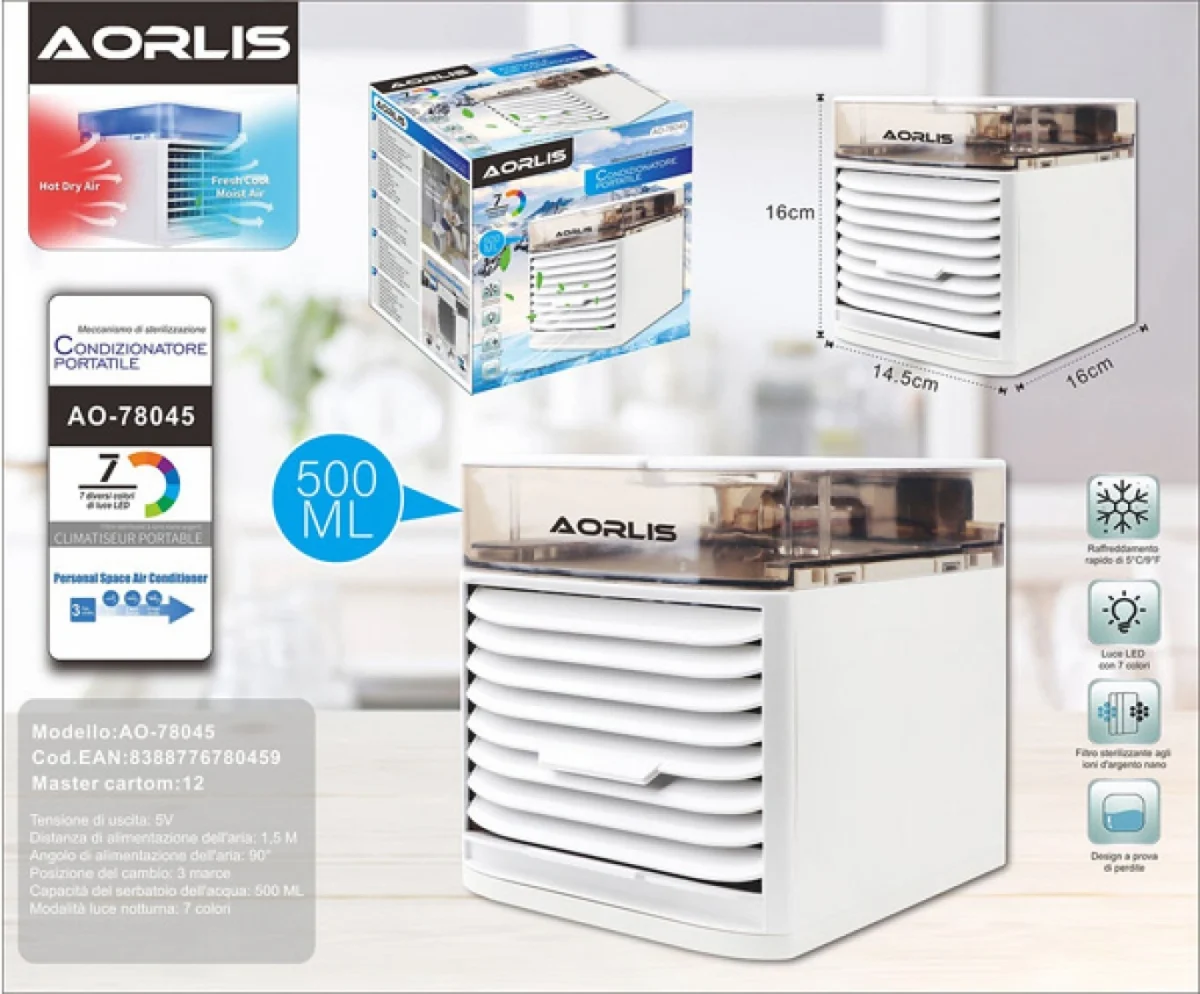Φορητό Κλιματιστικό Air Cooler - Ανεμιστήρας, Air Condition,Υγραντήρας με Τεχνολογία Εξάτμισης & LED Φωτισμό AORLIS AO-78045