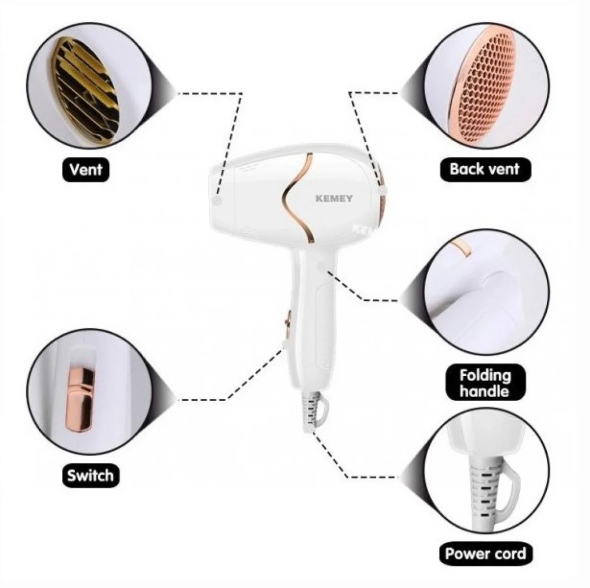 Kemey® Αναδιπλούμενο Πιστολάκι - Σεσουάρ Μαλλιών Ταξιδιού 1800W με 2 Ταχύτητες