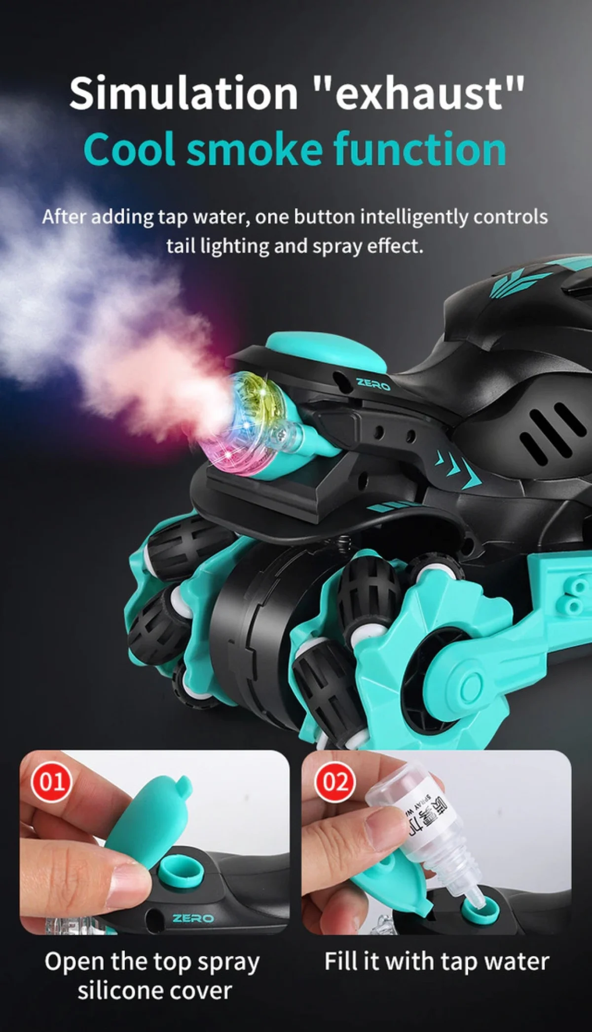 Αndowl® Τηλεκατευθυνόμενη Μοτοσυκλέτα Ακροβατικών Παντός Τερέν με Εφέ Ήχου & Ψεκασμού Νερού & Φ 2.4GHz Q-D3