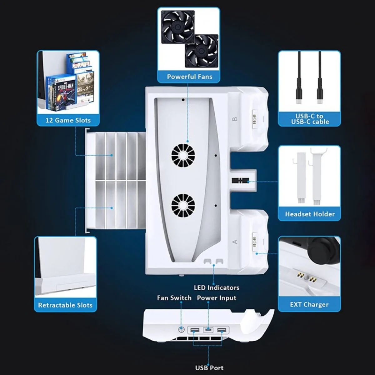 Βάση 4 σε 1 Ψύξης PS5 με Ενσωματωμένη Βάση Γρήγορης Φόρτισης 2 Χειριστηρίων, Θέση για Ακουστικά & Κρυφή Συρόμενη Βάση 12 Παιχνιδιών, OIVO IV-P5249