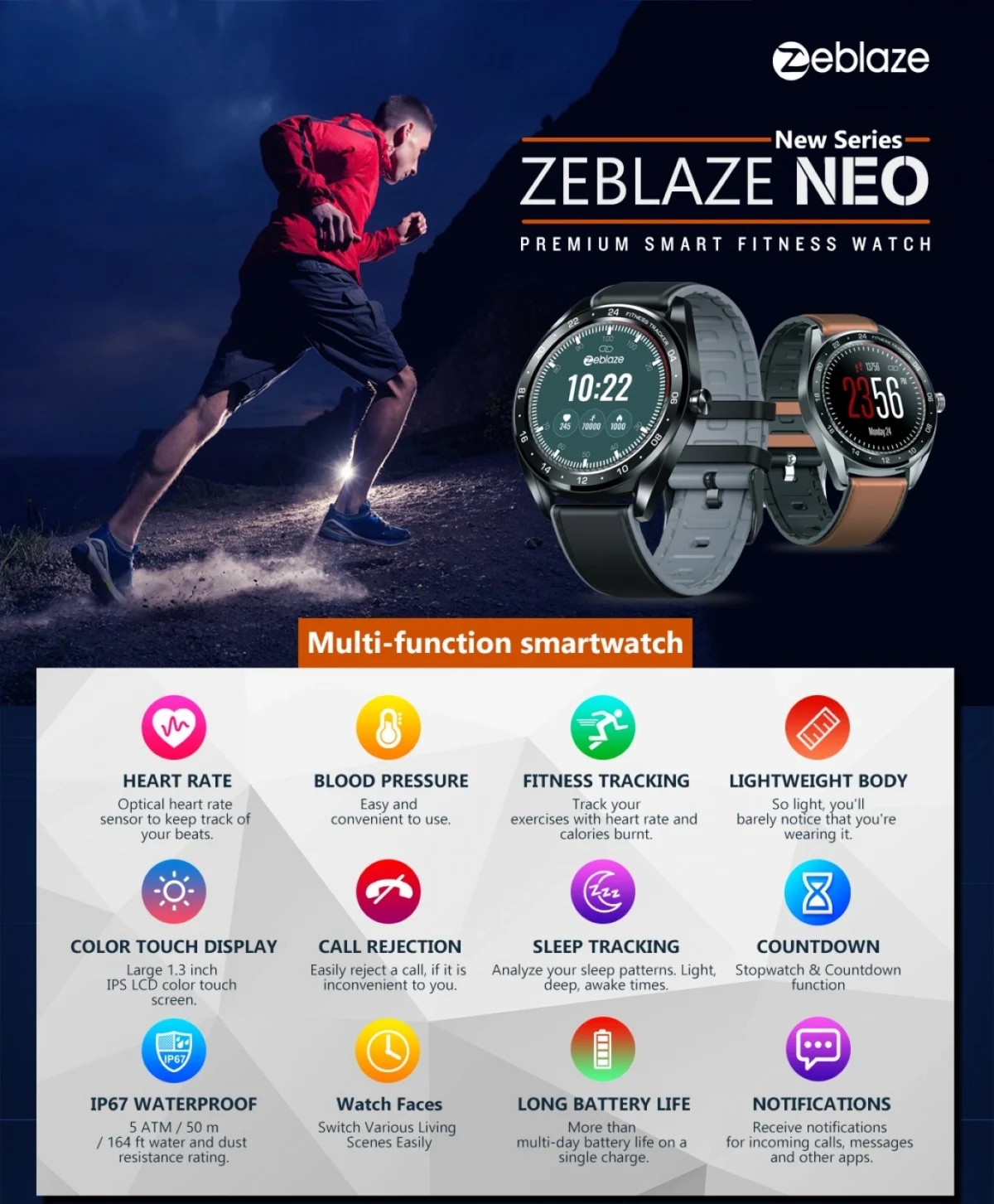 Αδιάβροχο Smartwatch με Οθόνη Αφής - Zeblaze NEO 1.3inch Full-round Touch Screen Blood Pressure Heart Rate Monitor