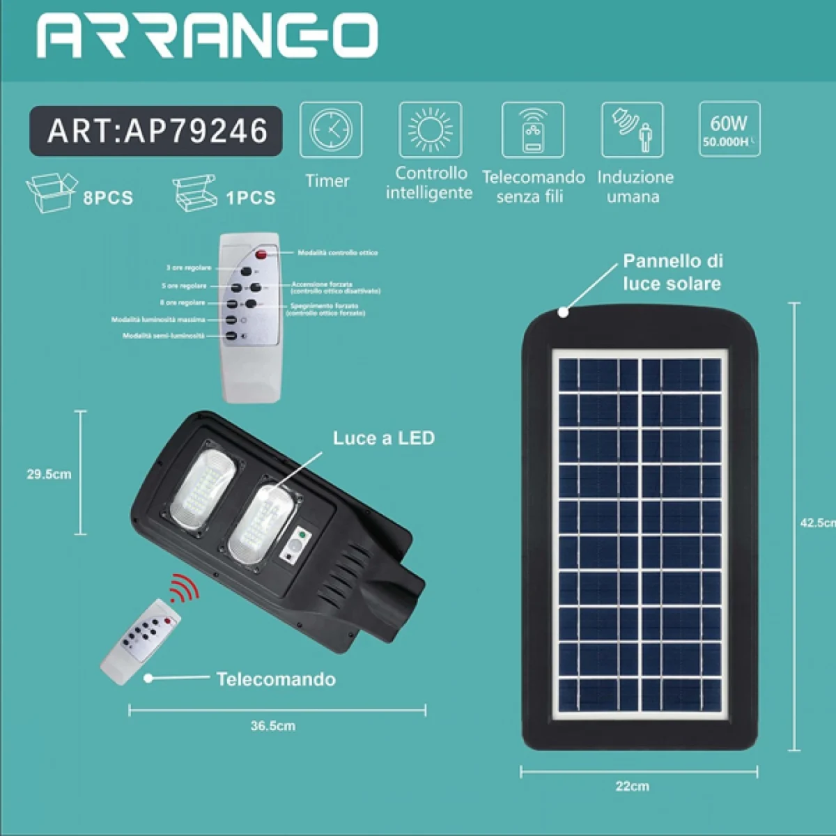 Αδιάβροχος Ηλιακός Προβολέας LED Φωτιστικό Δρόμου/Εξωτερικό Φως με Αισθητήρα Κίνησης Led 60W Solar Energy Panel IP65 AP79246