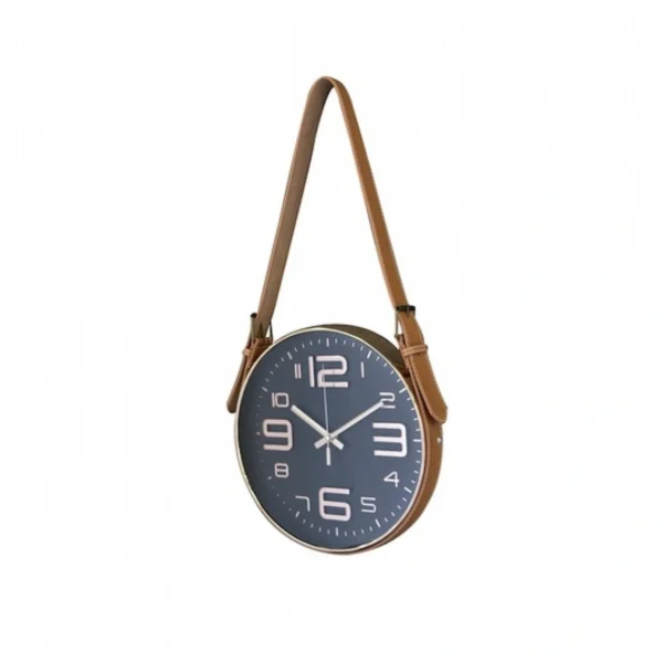 Κρεμαστό Ρολόι Τοίχου με Δερμάτινο Λουρί Χρυσό Πλαίσιο και Λευκό Φόντο 63x31x5cm