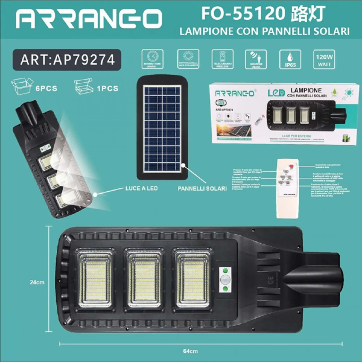 Αδιάβροχος Ηλιακός Προβολέας LED Φωτιστικό Δρόμου/Εξωτερικό Φως με Αισθητήρα Κίνησης Led 120W Solar Energy Panel IP65 AP79274