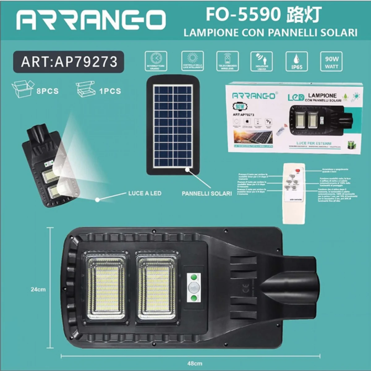 Αδιάβροχος Ηλιακός Προβολέας LED Φωτιστικό Δρόμου/Εξωτερικό Φως με Αισθητήρα Κίνησης Led 90W Solar Energy Panel IP65 AP79273