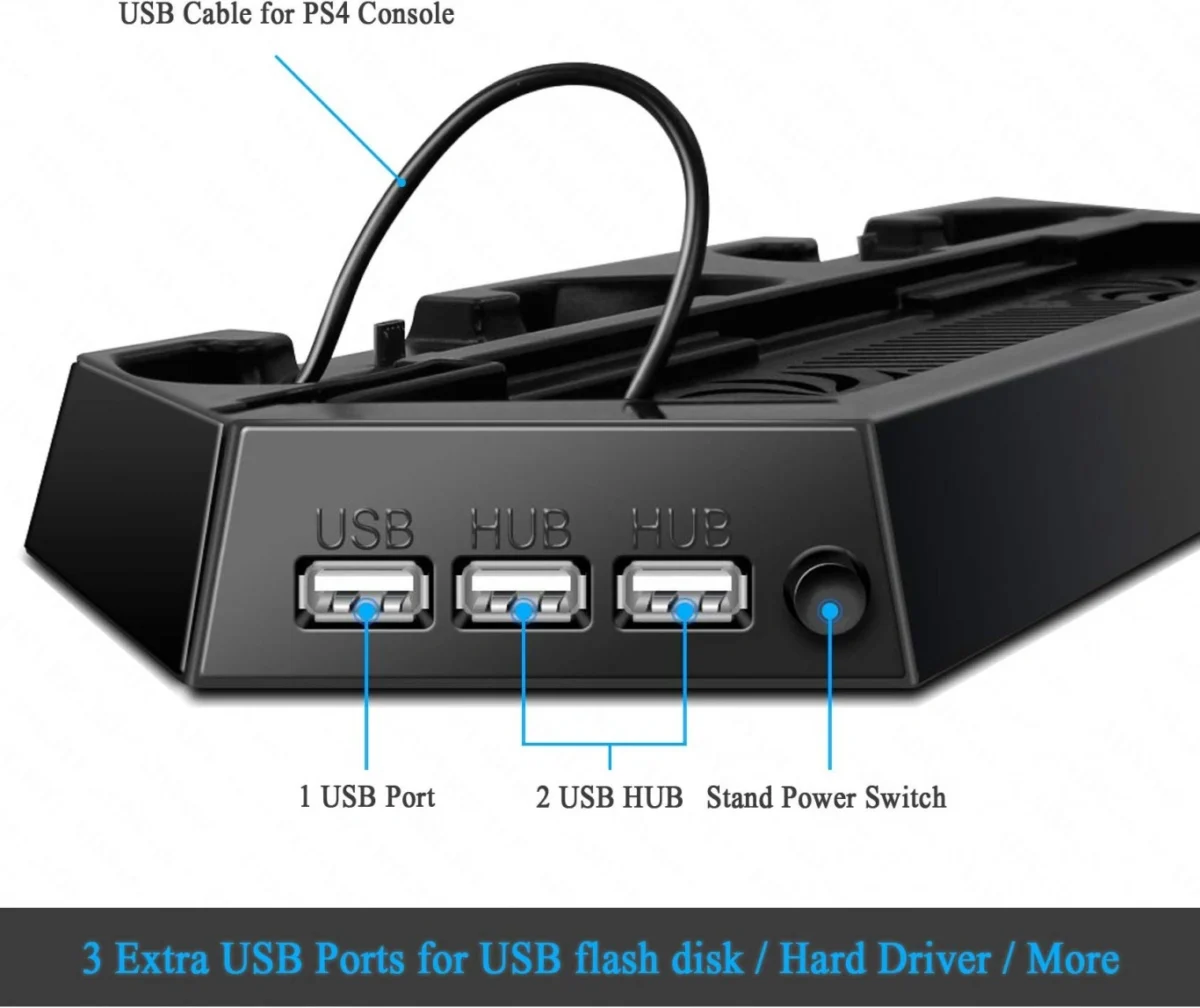 Dobe Κάθετη Διπλή Βάση Φόρτισης Χειριστηρίων PS4 & Stand με Ανεμιστήρα Κονσόλας με 3 x USB Θύρες Φόρτισης - PS4 Console Cooling Stand Dobe & Controller Charger