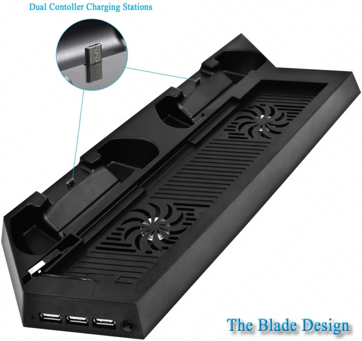 Dobe Κάθετη Διπλή Βάση Φόρτισης Χειριστηρίων PS4 & Stand με Ανεμιστήρα Κονσόλας με 3 x USB Θύρες Φόρτισης - PS4 Console Cooling Stand Dobe & Controller Charger