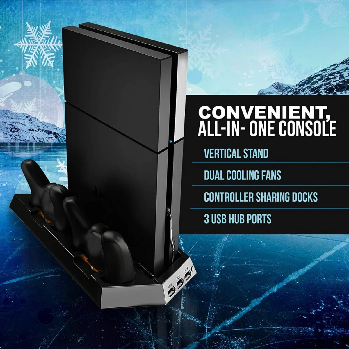 Dobe Κάθετη Διπλή Βάση Φόρτισης Χειριστηρίων PS4 & Stand με Ανεμιστήρα Κονσόλας με 3 x USB Θύρες Φόρτισης - PS4 Console Cooling Stand Dobe & Controller Charger