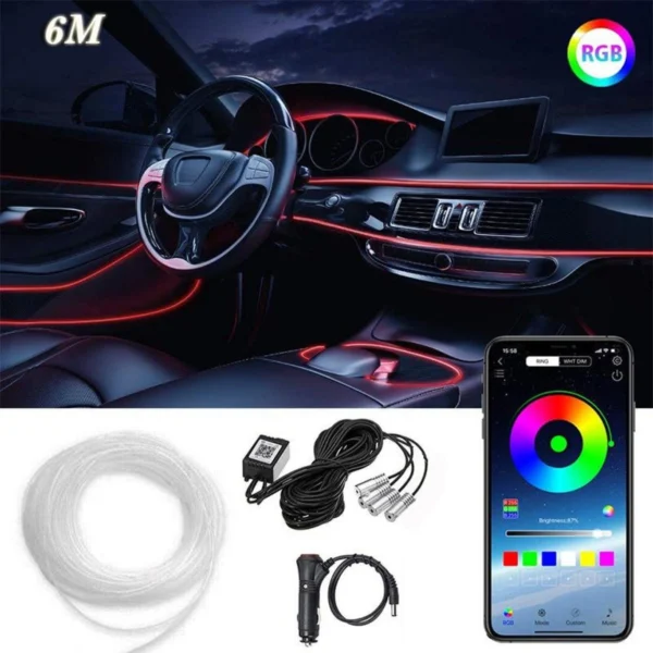 Φώτα Οπτικής 'Ινας 6 Μέτρα Εσωτερικού Χώρου Αυτοκινήτου Με Εφαρμογή Κινητού και Τηλεχειρισμό RGB LED 12V - Car Atmosphere Fiber optic Lights