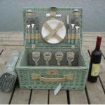 Ψάθινο Kαλάθι - Βαλιτσάκι Pic Nic με Yφασμάτινη Eπένδυση για Τέσσερα Άτομα 46x31x20cm