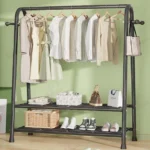 Κρεμάστρα Δαπέδου & Παπουτσοθήκη Οργάνωσης με Γάντζους & 2 Ράφια - Μεταλλικό Μαύρο 150x42x120cm Βεστιάριο Ραφιέρα