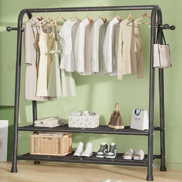 Κρεμάστρα Δαπέδου & Παπουτσοθήκη Οργάνωσης με Γάντζους & 2 Ράφια - Μεταλλικό Μαύρο 150x42x120cm Βεστιάριο Ραφιέρα