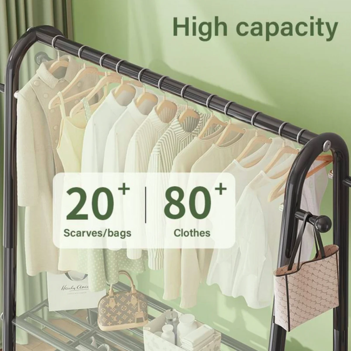 Κρεμάστρα Δαπέδου & Παπουτσοθήκη Οργάνωσης με Γάντζους & 2 Ράφια - Μεταλλικό Μαύρο 150x42x120cm Βεστιάριο Ραφιέρα