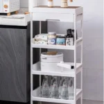 Πλαστικό Τρόλεϊ Κουζίνας με Ξύλινη Επιφάνεια 3 Ράφια και Συρτάρι σε Λευκό Χρώμα 40x26x85 cm